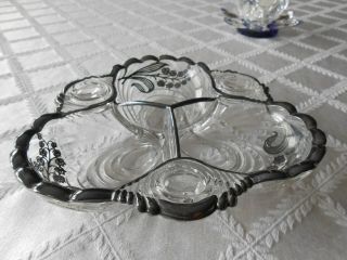 Sterling Silver Overlay & Trim Crystal Glass Handled Divided In 3 Dish Antique