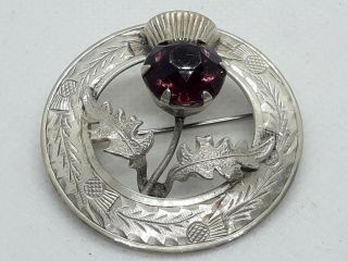 Antique Victorian Silver Scottish Brooch With Amethyst Thistle.