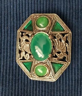 Antique Vintage Miracle Signed Green Glass Celtic Design Brooch