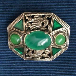 Antique Vintage Miracle Signed Green Glass Celtic Design Brooch 2