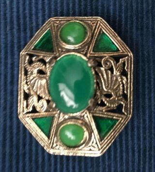 Antique Vintage Miracle Signed Green Glass Celtic Design Brooch 3