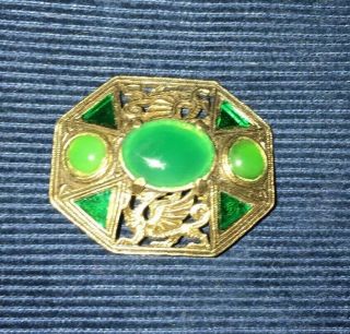 Antique Vintage Miracle Signed Green Glass Celtic Design Brooch 4