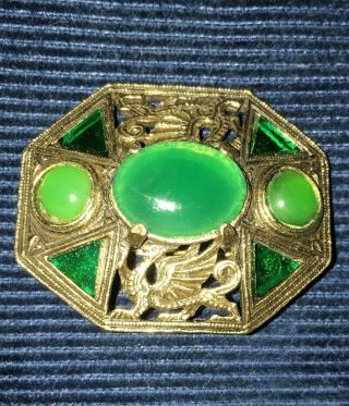 Antique Vintage Miracle Signed Green Glass Celtic Design Brooch 5