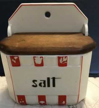 Vintage Antique White Porcelain Ironstone Hanging Salt Box With Wood Lid Czech