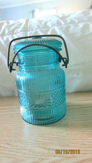 Vintage Avon Canning Decorative Embossed Teal Aqua Blue Green Glass Jar Bail