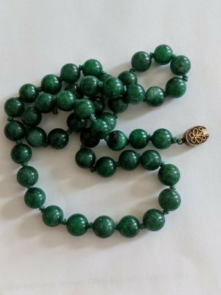 Vintage Chinese Export Hand Tied Jade Bead Necklace Gilt Clasp
