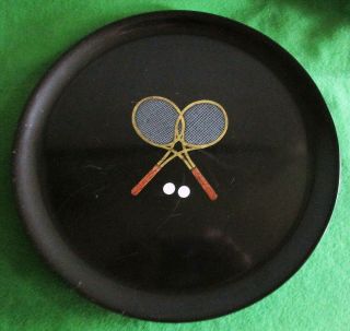 Vintage Couroc Round Serving Tray - Tennis Rackets & Balls - Hand Inlaid