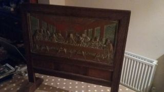 Antique Fire Screen In Wood And Copper,  Depicting Christ At The Last Supper