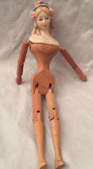 Vtg Shackman Hand Made Bisque Jointed Wood Arms Legs Doll 10”