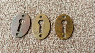 3 Old Antique Vintage Solid Brass Oval Keyhole Escutcheon Lock Hole Covers