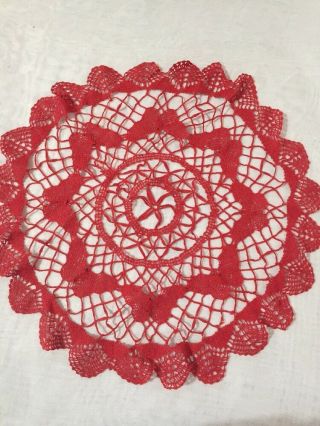 14” Vintage Doily Hand Crochet Lacey Red Floral Vgc Unusual