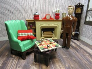 Plasco Living Room Set W/ Renwal Father Doll,  Vintage Plastic Dollhouse Ideal