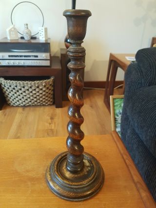 Antique Large Dark Wooden Ornate Barley Twist Candlestick/lamp Base