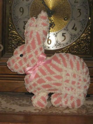 Cute Bubble Gum Pink & White Chenille Bunny Rabbit From Vintage Bedspread