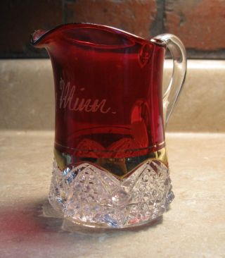 ANTIQUE RUBY FLASH SOUVENIR PATTERN GLASS PITCHER TRACY MINN MN 2