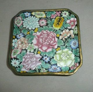 Vintage Chinese Brass Floral Cloisonne Enamel Catch All Dish Vanity Tray Square
