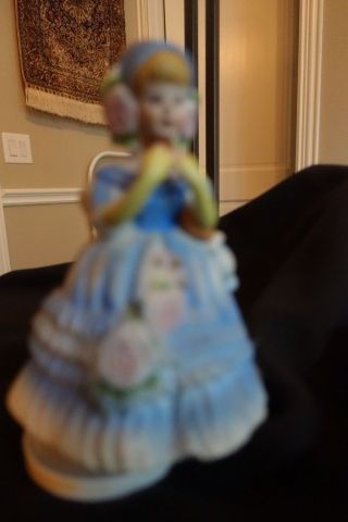 Vintage Ceramic Lady In Bluemusic Box - Plays " High Lilly,  High Lilly,  High Low "