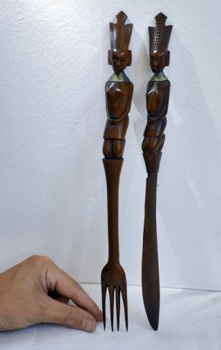 Lovely Vintage Hand Carved Wooden African Large Knife & Fork.  Male Female Figure