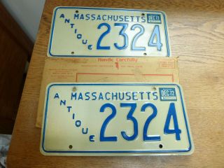 Vintage 1972 Antique Massachusetts Car License Plates With Envelope