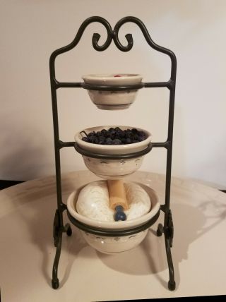 7pc Longaberger 3 Tiered Iron Stand W/mixing Bowls Fruit Dough Rolling Pin Cute