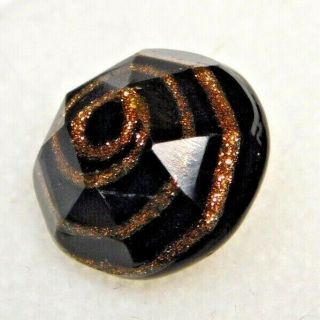 Antique Vtg Button Hexagon Faceted Black Glass W Goldstone Swirlback 1/2 G