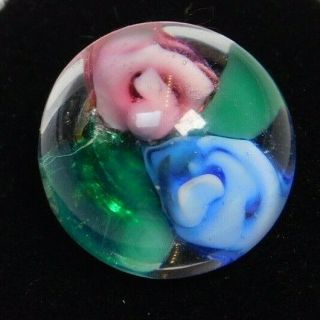 Antique Vtg Button Glass Paperweight Blue & Pink Roses 1/2 G