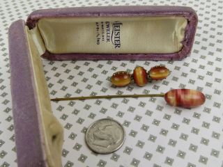 Estate antique 10k gold filled dyed tiger eye sitck pin & brooch w/ orginal box 5