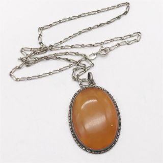 Antique Solid Silver Amber Set Art Deco Ladies Pendant And Necklace