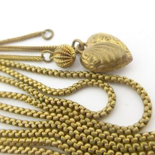 Antique Victorian Gilt Metal Long Guard Muff Chain Necklace Metal Heart 54 Inch