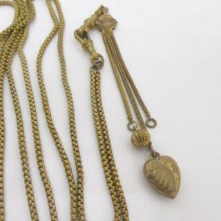 ANTIQUE VICTORIAN GILT METAL LONG GUARD MUFF CHAIN NECKLACE METAL HEART 54 inch 3