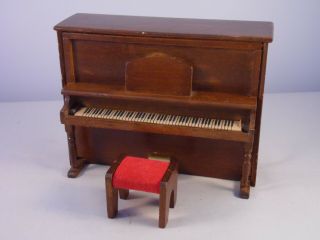 Vintage Dollhouse 1:12 Miniatures Wood Upright Piano & Stool 10