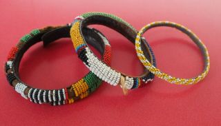 Three East African Tribal Art Turkana Masai Bead Work Bangles Leather Bracelets