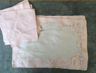 Set Of 8 Antique Marghab Madeira Linen Pink & White Placemats W Matching Napkins