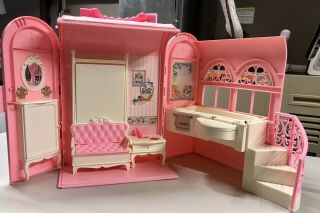 Vintage Barbie Fold Up & Travel Dollhouse And 1 1990s Barbie Doll