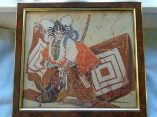 Framed Fine Woodblock Japanese Silk Embroidery Warrior Actor