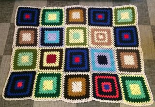Afghan Throw Yarn Handmade Crochet Knit Blanket Retro 60x70 Granny Squares Cozy