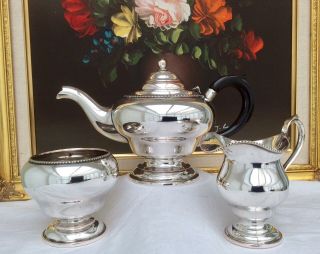 Fine Quality Antique Georgian Style Silver On Copper 3 Piece Footed Tea Set