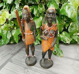 Vintage Male & Female African Tribal Ethnic Warriors Hand Carved Figures