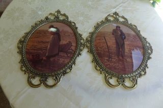 Vtg Large Oval Brass Convex Glass Picture Set The Angelus Filigree Frame Praying