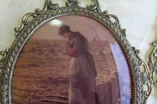 Vtg Large Oval Brass Convex Glass Picture Set The Angelus Filigree Frame Praying 2