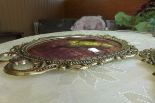 Vtg Large Oval Brass Convex Glass Picture Set The Angelus Filigree Frame Praying 4