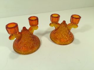 (2) Vintage Orange Decorative Glass Double Candle Holders Set Of 2