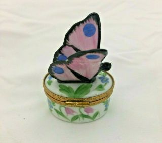 Limoges France Peint Main Blue Butterfly on Floral Box Trinket Box 14 - 3C 2