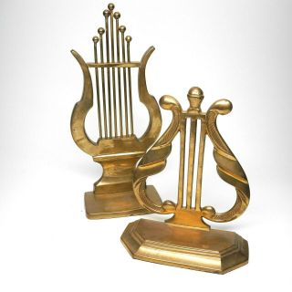 Vintage Mismatched Brass Lyre Bookends Music Harp