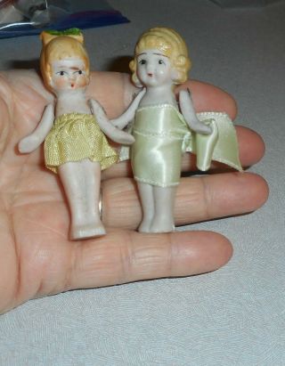 2 Antique Very Small 3 " Bisque Doll - Arms Are Wired - Legs Are Stationary