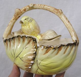 Vintage Yellow Bird And Leaves Planter Ucagco Gold Trim 1960s Japan