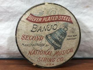 Vintage Bell Brand Advertising Box Antique Silver Plated Steel Banjo Strings