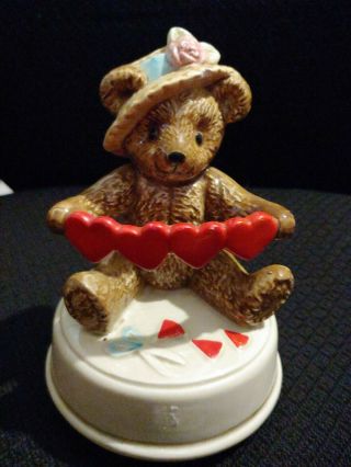 Vintage Otagiri " Playmates " Music Box Teddy Bear With Paper Hearts