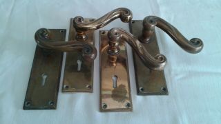 4 Art Nouveau Brass Door Handles With Plates.  Salvage.  With Keyholes.