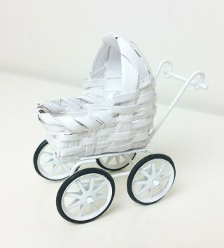 Vintage Doll House Miniature White Wicker Baby Buggy Pram Victorian Style